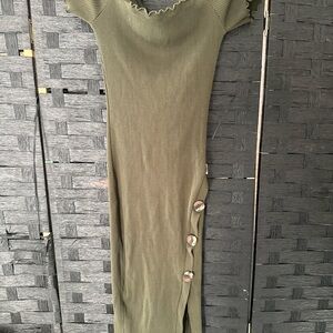 Elegant Olive Button-Accent Midi Dress